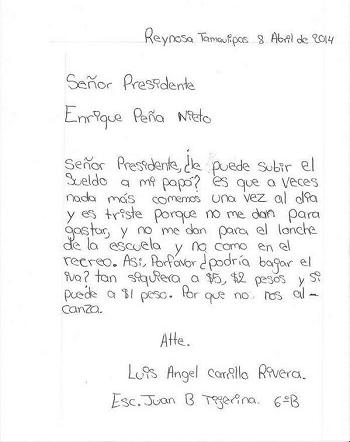 Niño le pide al presidente Peña Nieto que le suba el sueldo a su papá