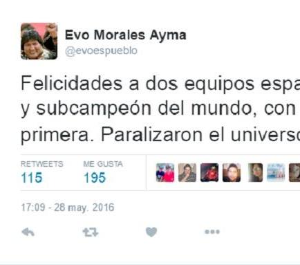 Evo Morales alborota Twitter al felicitar al Real Madrid 'campeón del mundo'