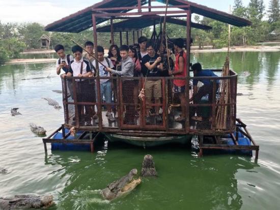 Turistas alimentan a  cocodrilos en un parque