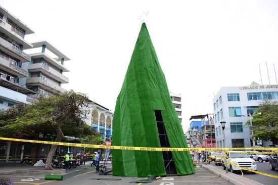 Con un árbol de 17 metros de altura inicia la época navideña en Manta