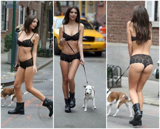 Emily Ratajkowski salió a pasear semidesnuda  con su perro por las calles de Nueva York