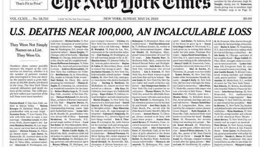 New York Times llena portada con 1.000 obituarios de fallecidos por COVID-19