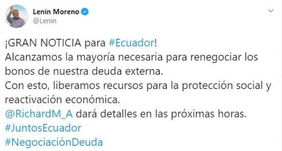 Ecuador alcanza la mayoría necesaria de votos para renegociar bonos de la deuda externa